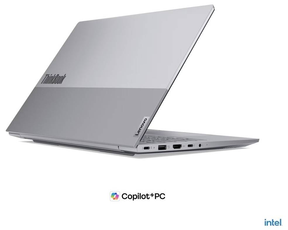 Ordinateur portable Lenovo ThinkPad argenté montré ouvert de profil avec les logos Copilot+PC et Intel en dessous.