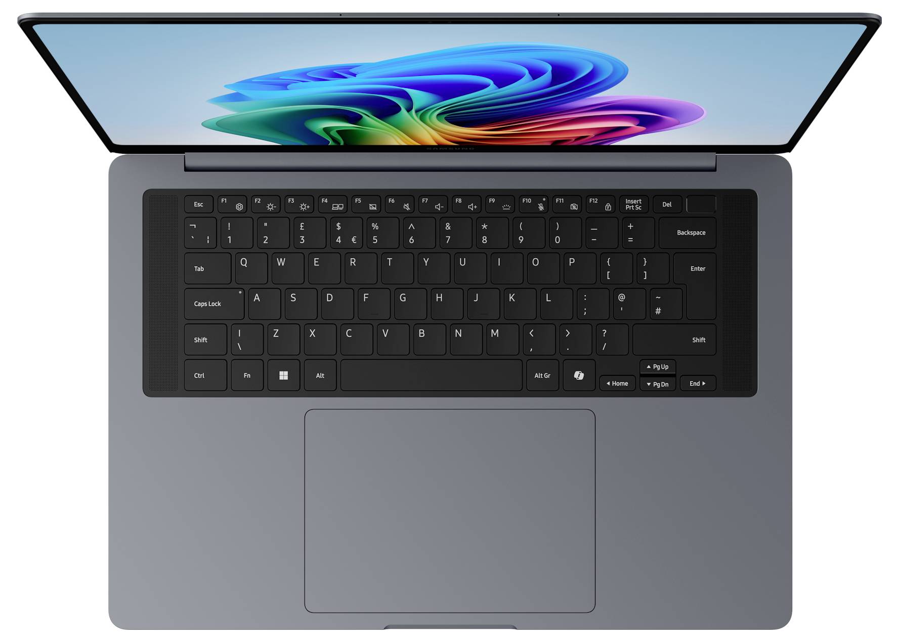 Vue de dessus d'un ordinateur portable gris avec un écran ouvert affichant un fond d'écran abstrait coloré et un clavier noir avec un grand pavé tactile.