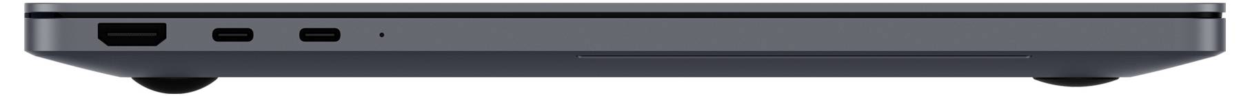 Vue latérale d'un ordinateur portable argenté fermé, montrant le profil fin et la base noire sous le clavier.