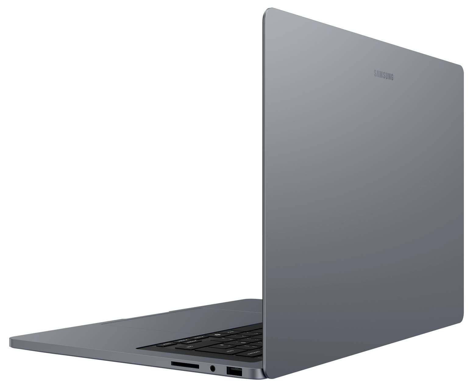 Ordinateur portable Samsung argenté montré partiellement ouvert, vu de côté avec le clavier et le profil fin visibles sur un fond blanc.