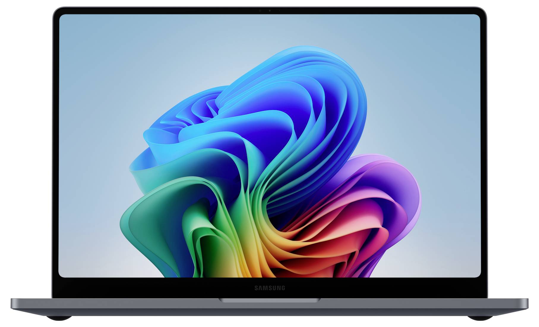 Un ordinateur portable Samsung avec un fond d'écran floral abstrait coloré de style Windows 11 affiché à l'écran.