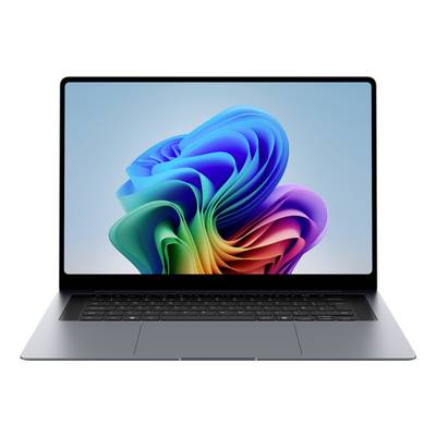 Vue de face d'un ordinateur portable ouvert affichant un fond d'écran abstrait avec des tourbillons colorés sur l'écran.