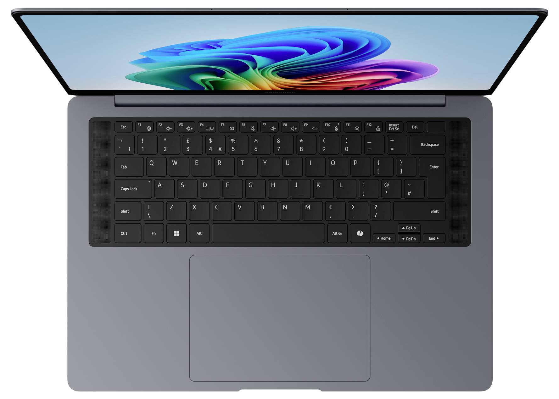 Vue de dessus d'un ordinateur portable gris avec un fond d'écran abstrait coloré sur l'écran et un grand pavé tactile centré.