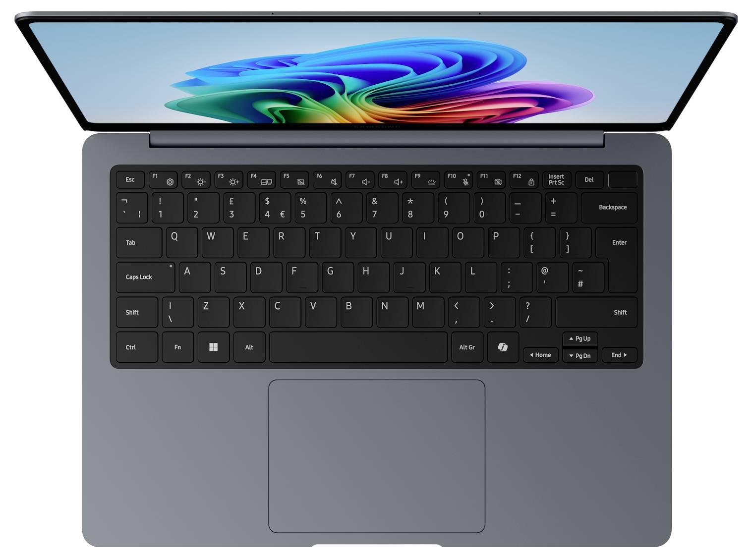 Ordinateur portable ouvert avec un fond d'écran abstrait coloré sur l'écran, vu de dessus avec le clavier et un grand pavé tactile visibles.