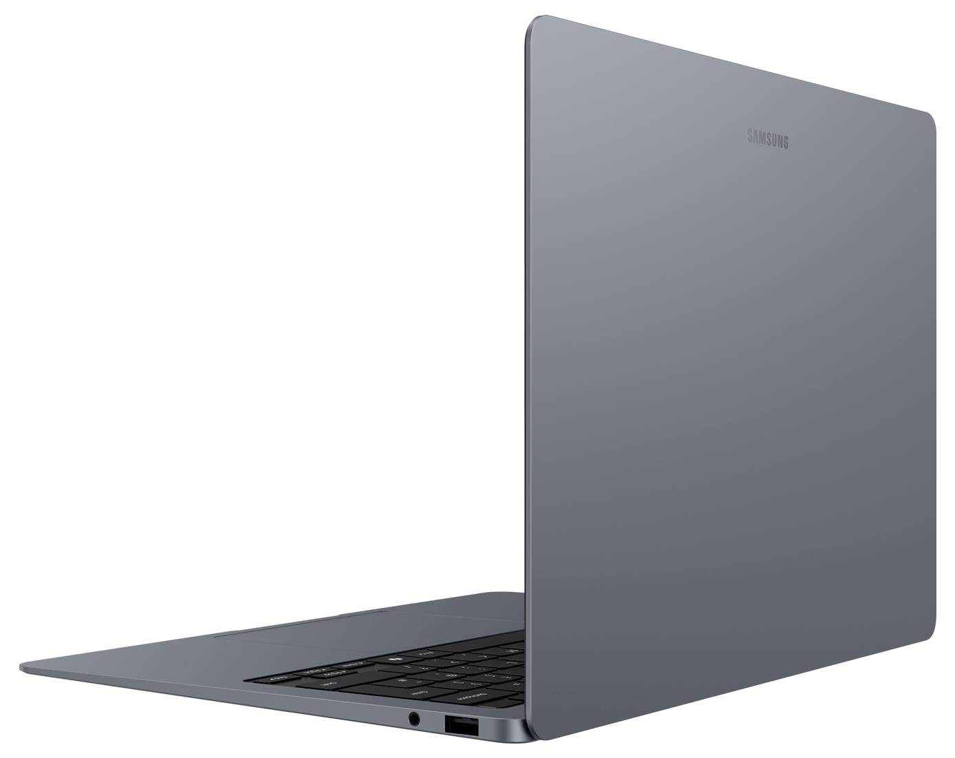 Ordinateur portable Samsung gris montré de l'arrière-droite, ouvert sur un fond blanc.