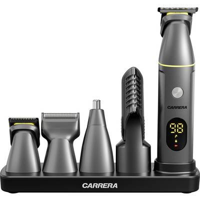 Kit de toilettage noir CARRERA sur un socle de recharge avec cinq accessoires, incluant une tondeuse numérique affichant 99% de batterie.