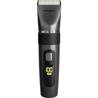 Tondeuse électrique Black Carrera avec peigne protecteur doré, molette de réglage de longueur ajustable, bouton d'alimentation et indicateur de batterie 100% illuminé sur la poignée.