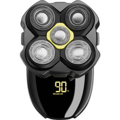 Rasoir rotatif électrique avec cinq lames circulaires et un affichage numérique indiquant 90 minutes restantes.
