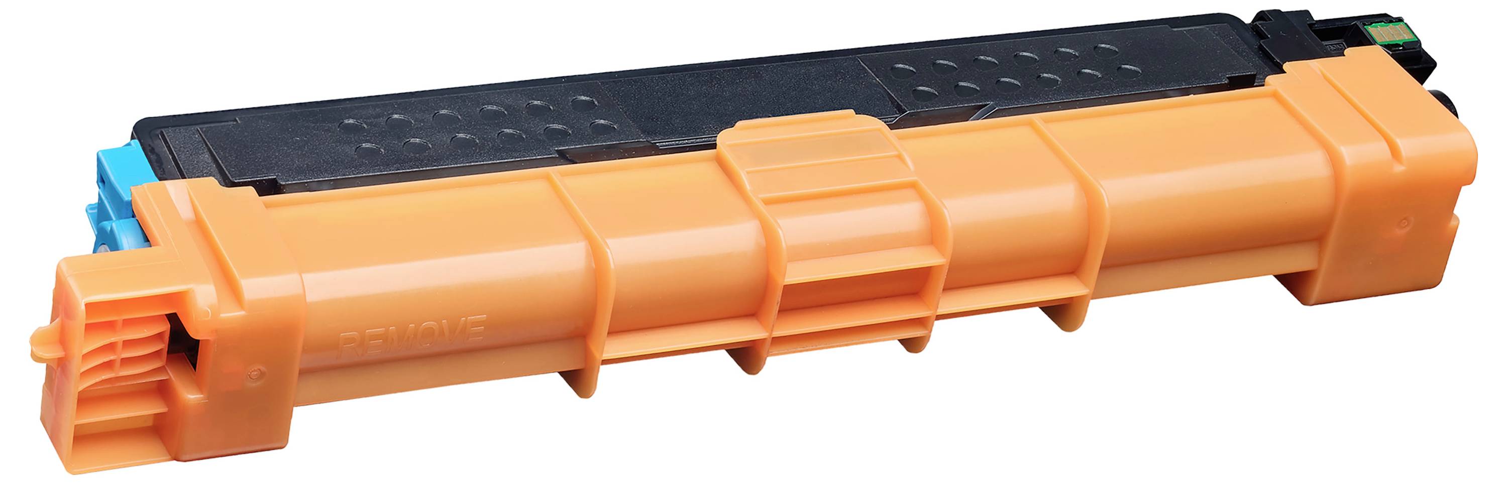 Cartouche de toner pour imprimante Orange avec capuchon noir en haut et embout bleu, présenté sur fond blanc.