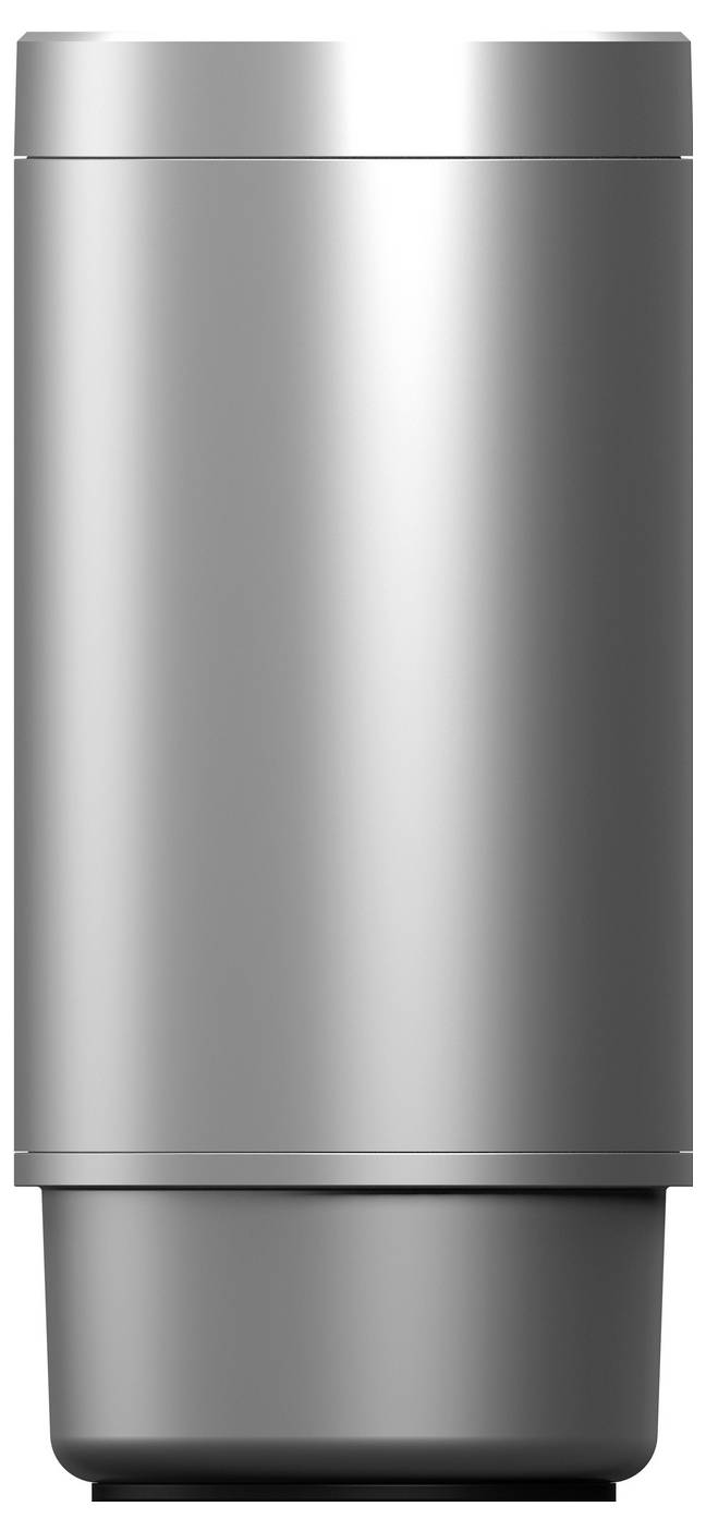 Un appareil cylindrique en acier inoxydable avec une base foncée, montré en vue de face sur un fond blanc.