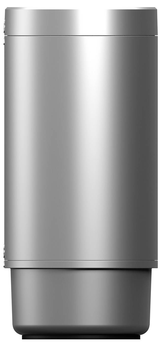 Une poubelle cylindrique en acier inoxydable argenté avec couvercle, présentée sur un fond blanc.
