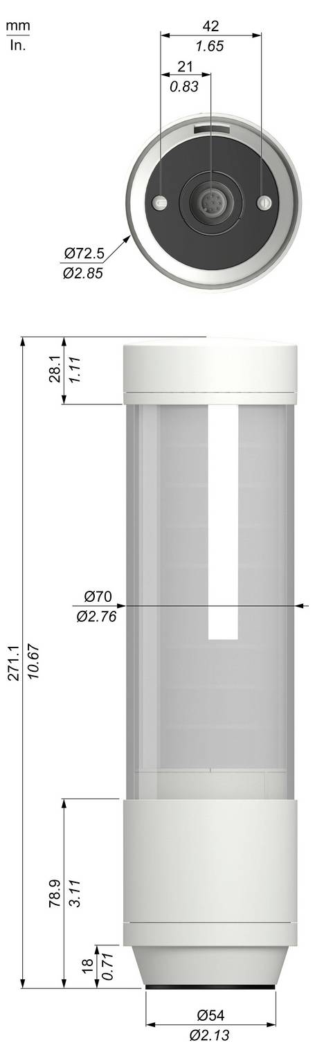 Vue frontale et latérale d'un dessin technique dimensionnel d'un dispositif ou composant cylindrique avec des mesures en mm et pouces, incluant les appels de diamètre et de hauteur.