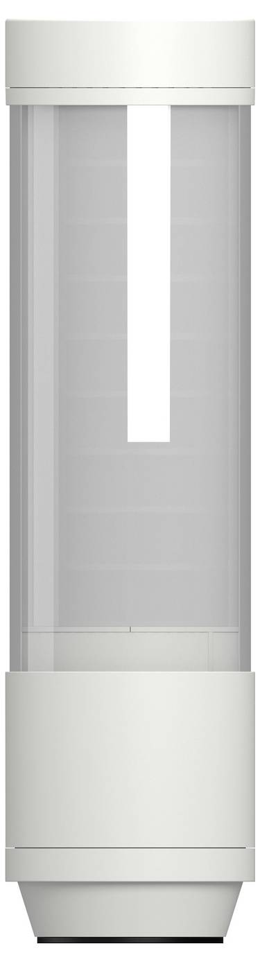 Un produit cylindrique blanc et gris de grande taille avec une fenêtre centrale transparente verticale, présenté de face sur un fond uni.