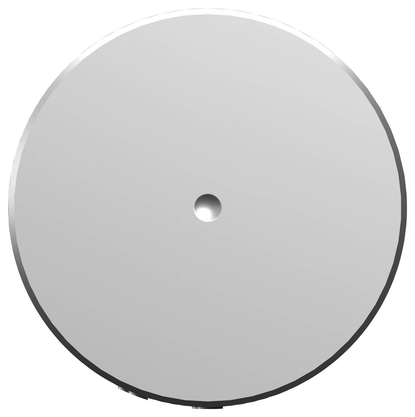Vue de dessus d'un disque circulaire gris clair uni avec un petit trou au centre sur un fond blanc.