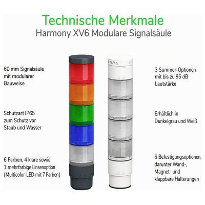 Caractéristiques techniques de la colonne lumineuse modulaire Harmony XV6 : colonne de 60 mm avec 6 couleurs, IP65, 3 options de buzzer jusqu'à 95 dB, disponible en gris foncé et blanc.
