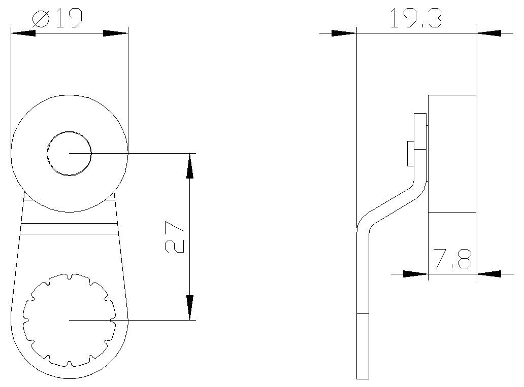 Dessin technique d'une petite pièce, montrant les vues de face et de profil avec les dimensions : 19 mm de largeur, 19,3 mm de profondeur, 27 mm de hauteur et 7,8 mm d'épaisseur.