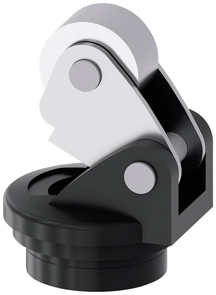 Rendu 3D d'une charnière mécanique ou d'un joint pivot, montrant des pièces métalliques imbriquées sur une base ronde.