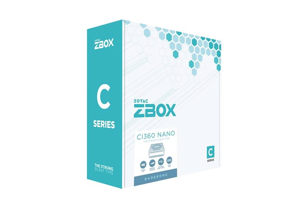 Boîte de produit pour mini-PC barebone Zotac ZBOX série C CI360 Nano, présenté dans un emballage teal et blanc.