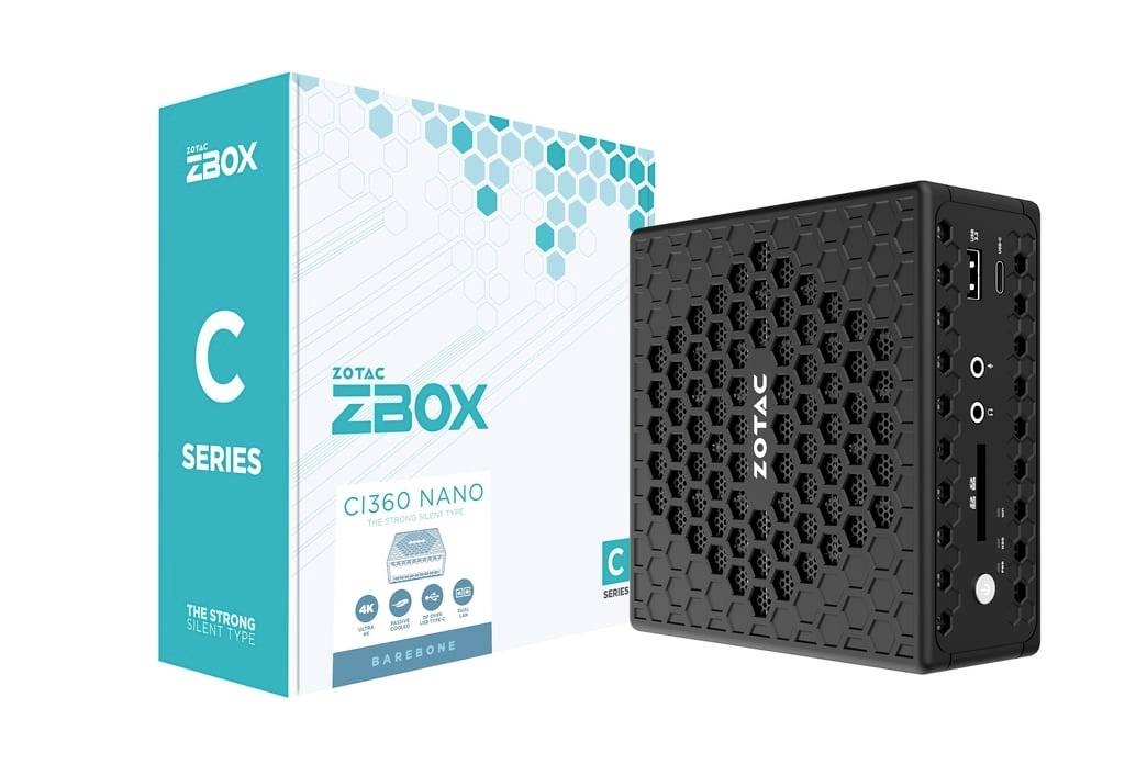 PC Mini ZOTAC ZBOX CI360 Nano Série C présenté à côté de sa boîte de vente au détail, avec un boîtier compact noir à motif en nid d'abeille.