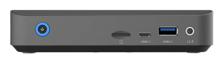 Vue de face d'un petit appareil noir montrant un bouton d'alimentation bleu, un logement pour carte SD, des ports USB-C et USB-A, et une prise casque.