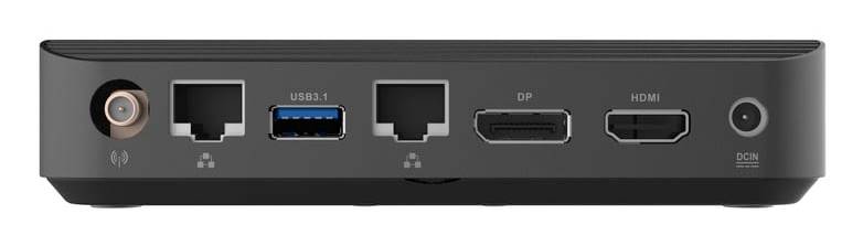 Vue arrière d'une station d'accueil montrant les ports : prise audio jack, deux ports USB-A, USB-C, DisplayPort, HDMI et entrée d'alimentation.