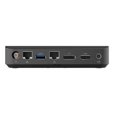 Vue arrière d'une station d'accueil montrant les ports : prise audio jack, deux ports USB-A, USB-C, DisplayPort, HDMI et entrée d'alimentation.