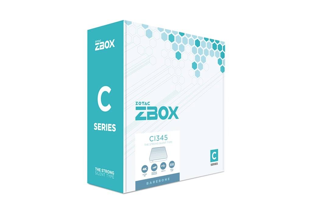 Boîtier produit pour ZOTAC ZBOX Série C CI345 mini PC barebone, présenté dans un emballage teal et blanc.