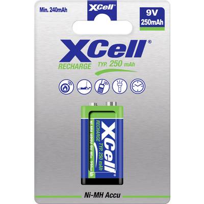 Paquet de batterie rechargeable 9V Ni-MH XCell, étiqueté « Min. 240mAh », « 9V 250mAh », et « TYP. 250 mAh », avec une image de la batterie en avant.