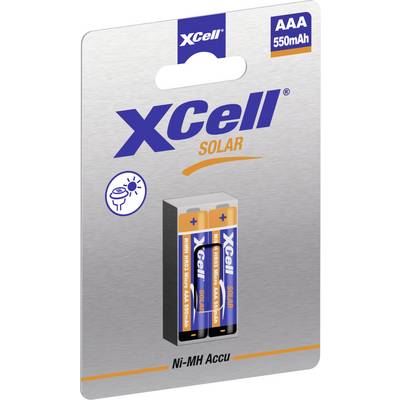 Piles rechargeables Ni-MH XCell Solar AAA 550mAh, emballage transparent montrant deux piles.