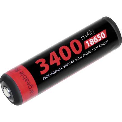 Batterie rechargeable noire 18650 étiquetée « 3400 mAh » avec circuit de protection, présentée en gros plan sur fond blanc.