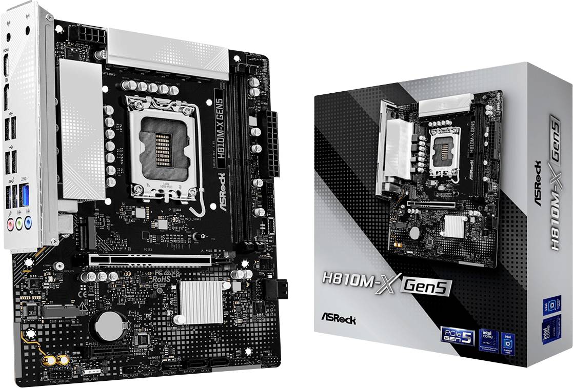 Carte mère ASRock H810M-X Gen5 microATX présentée à côté de sa boîte de vente au détail