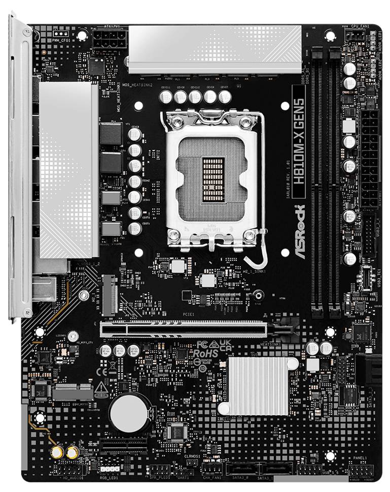 Carte mère ASRock H81M-GS noire avec socket CPU Intel, dissipateurs thermiques, emplacements RAM, slot PCIe et ports d'E/S arrière visibles.