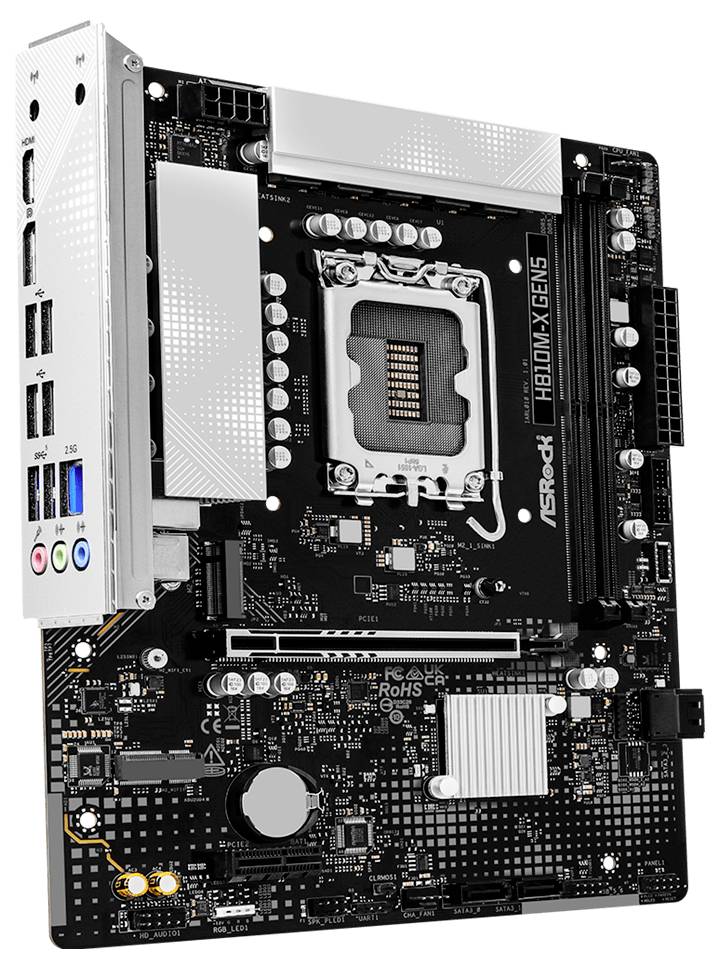 Carte mère Micro-ATX avec socket processeur, emplacements RAM, emplacements d'extension, ports d'E/S arrière et dissipateurs thermiques argentés sur un PCB noir.
