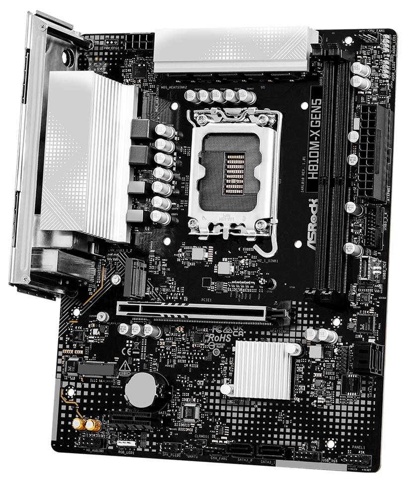Carte mère ASRock avec socket processeur, emplacements RAM, dissipateurs thermiques et connecteurs d'extension affichés sur fond blanc.