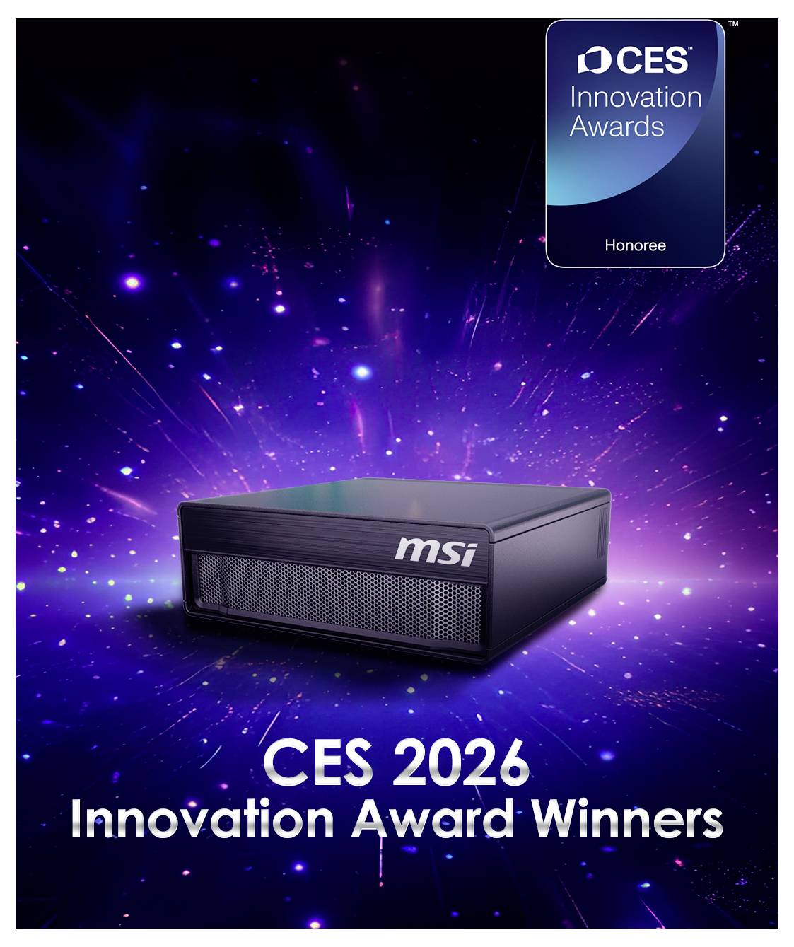 Appareil MSI sur un fond violet cosmique avec un badge d'Honoré des CES Innovation Awards et le texte « Gagnants du CES 2026 Innovation Award ».