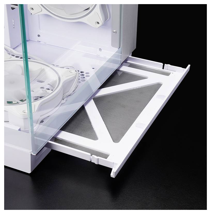 Boîtier d'ordinateur ouvert avec un plateau de filtre à poussière en maille amovible par le bas partiellement sorti par l'avant.