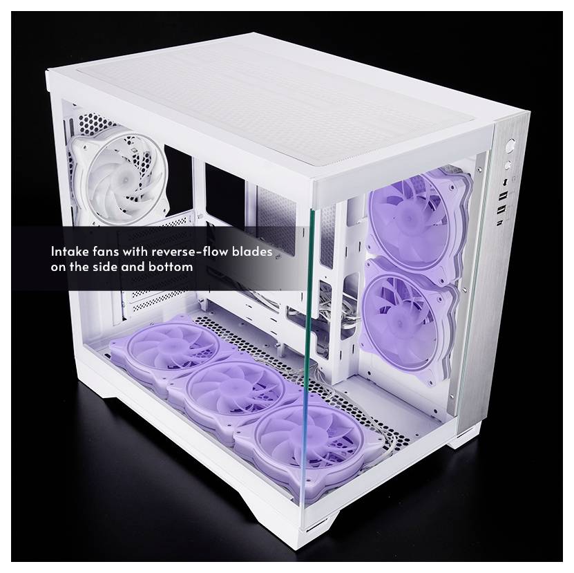 Boîtier PC blanc avec plusieurs ventilateurs et panneau en verre teinté, étiqueté « Ventilateurs d'admission avec pales à flux inversé sur les côtés et le bas ».