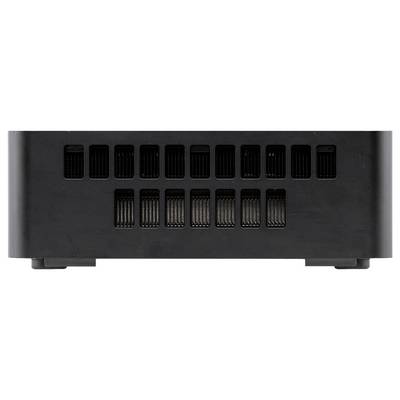 Vue arrière d'un appareil électronique noir avec plusieurs grilles de ventilation et une petite base surélevée.