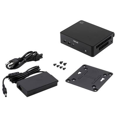 Kit mini PC ASUS avec ordinateur de bureau compact, adaptateur d'alimentation et câble, plaque de montage et vis sur fond blanc.