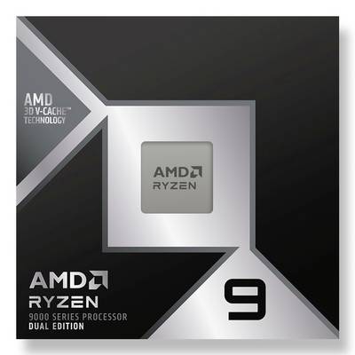 Art de la boîte AMD Ryzen 9 9000 Series Processor Dual Edition, affichant la marque « AMD 3D V-Cache Technology » et un grand 9.