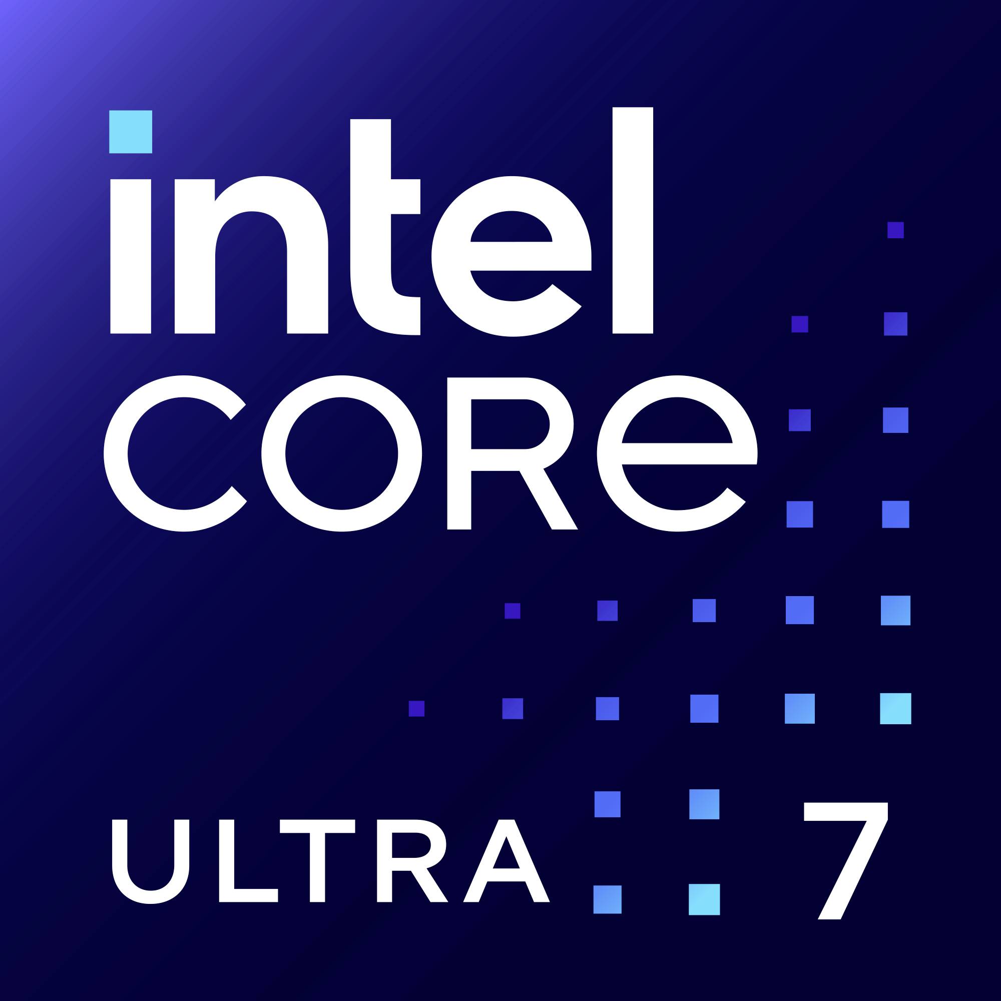 Logo Intel Core Ultra 7 sur un fond bleu foncé avec des accents de pixels bleus.