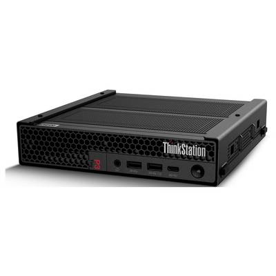 Poste de travail de bureau compact Lenovo ThinkStation P3 noir, vue de face avec grille ventilée, ports USB, prise casque et bouton d'alimentation.