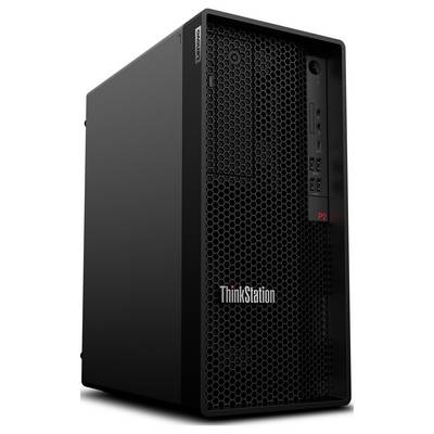 Tour de bureau Lenovo ThinkStation noire avec grille avant en nid d'abeille et ports avant, présentée sur un fond blanc.