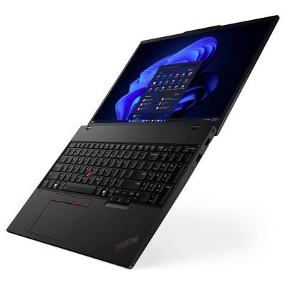 Ordinateur portable Lenovo ThinkPad noir montré ouvert à un angle, affichant un bureau Windows 11 sur l'écran.