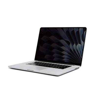 Ordinateur portable argenté ouvert avec clavier noir et papier peint abstrait foncé sur l'écran, présenté sur un fond blanc.