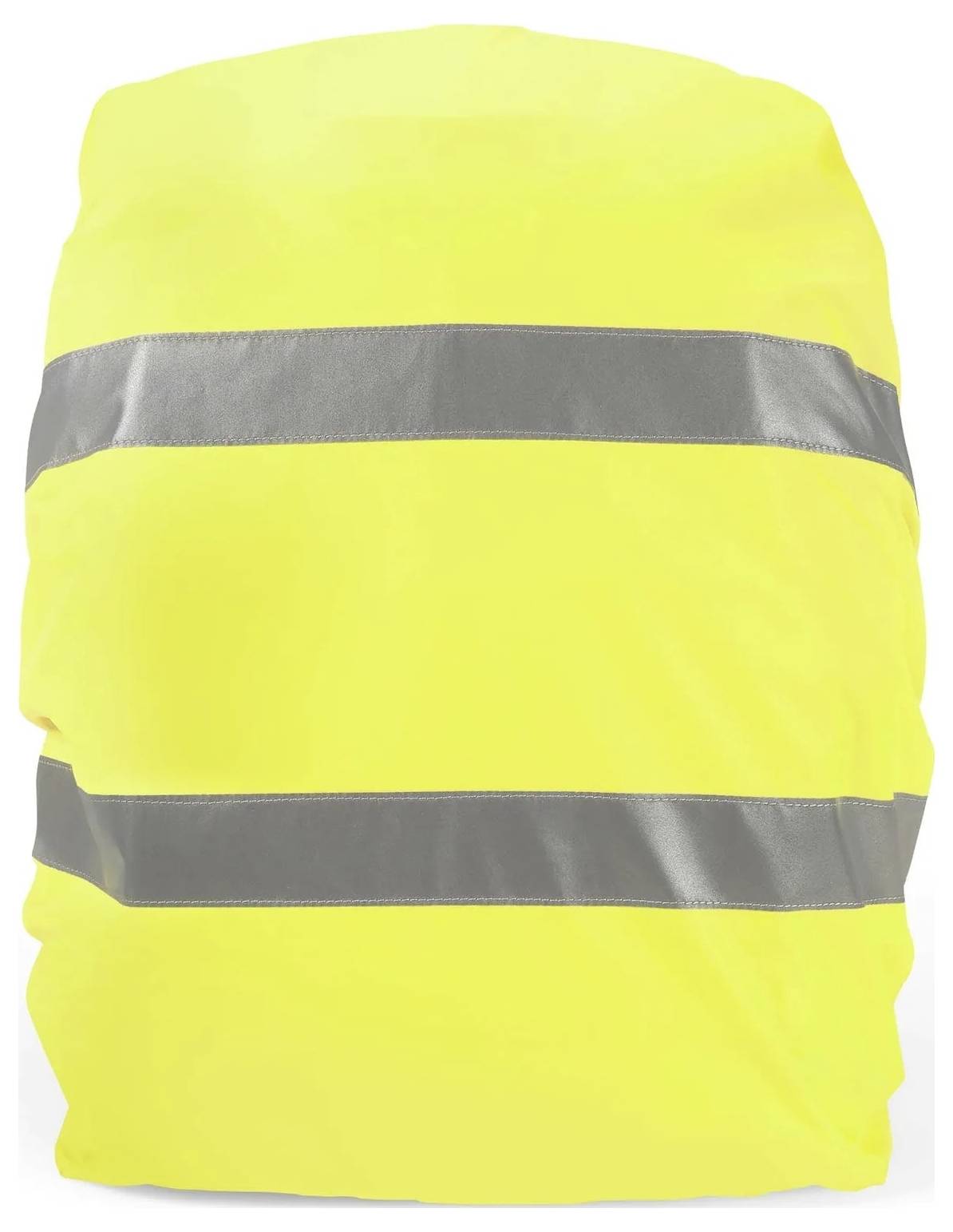 Gilet de sécurité haute visibilité jaune fluo avec deux bandes réfléchissantes grises horizontales sur fond blanc.