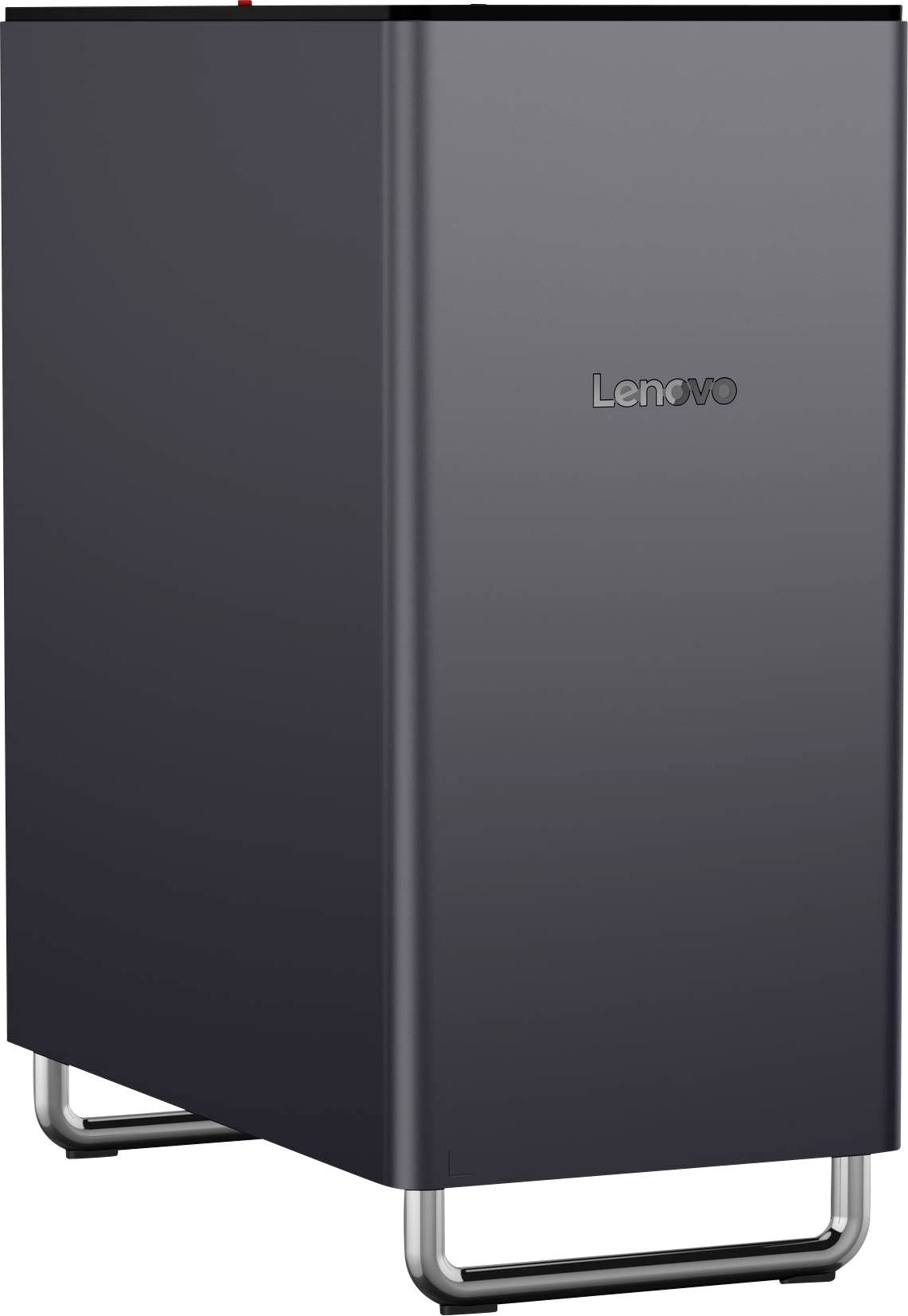 Un boîtier de tour de bureau Lenovo sombre présenté de face, avec un design rectangulaire minimaliste et des pieds de type support argentés en bas.