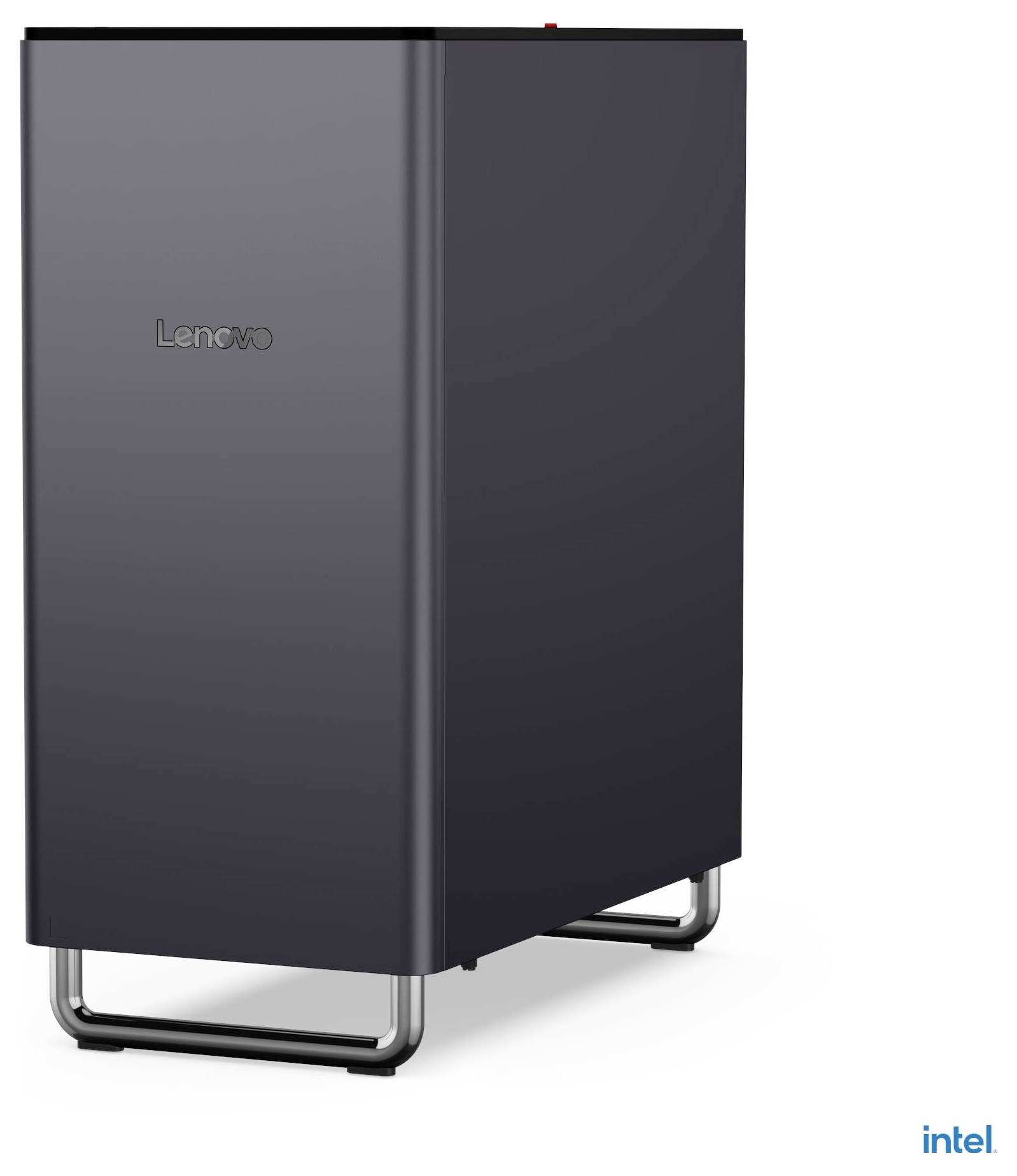 Tour de bureau Lenovo de couleur foncée sur un support métallique, présentée dans une image de style produit avec le logo Intel dans le coin.