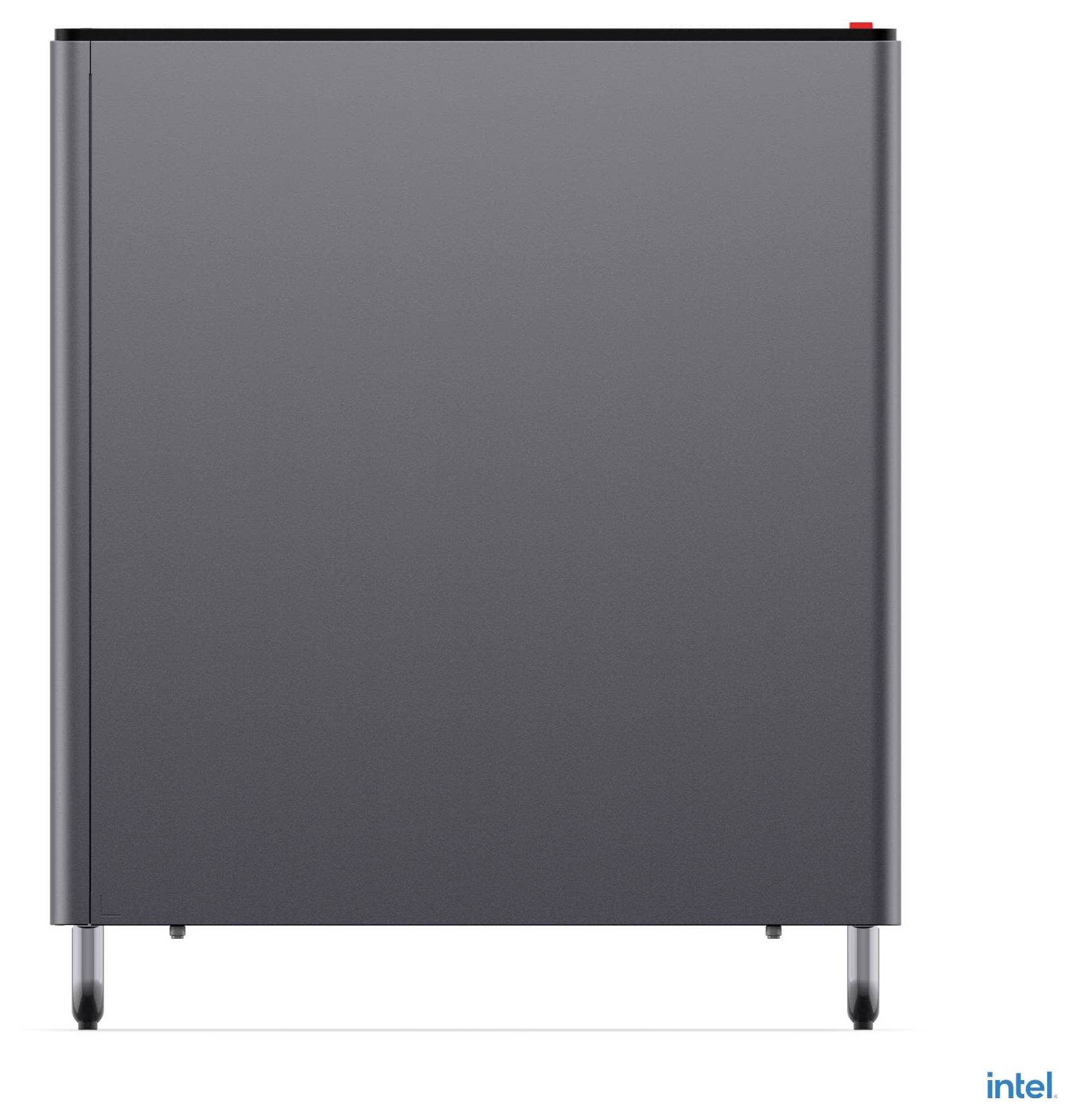 Petit réfrigérateur compact gris ou armoire serveur avec logo Intel, présenté en vue de face sur quatre pieds sur fond blanc.