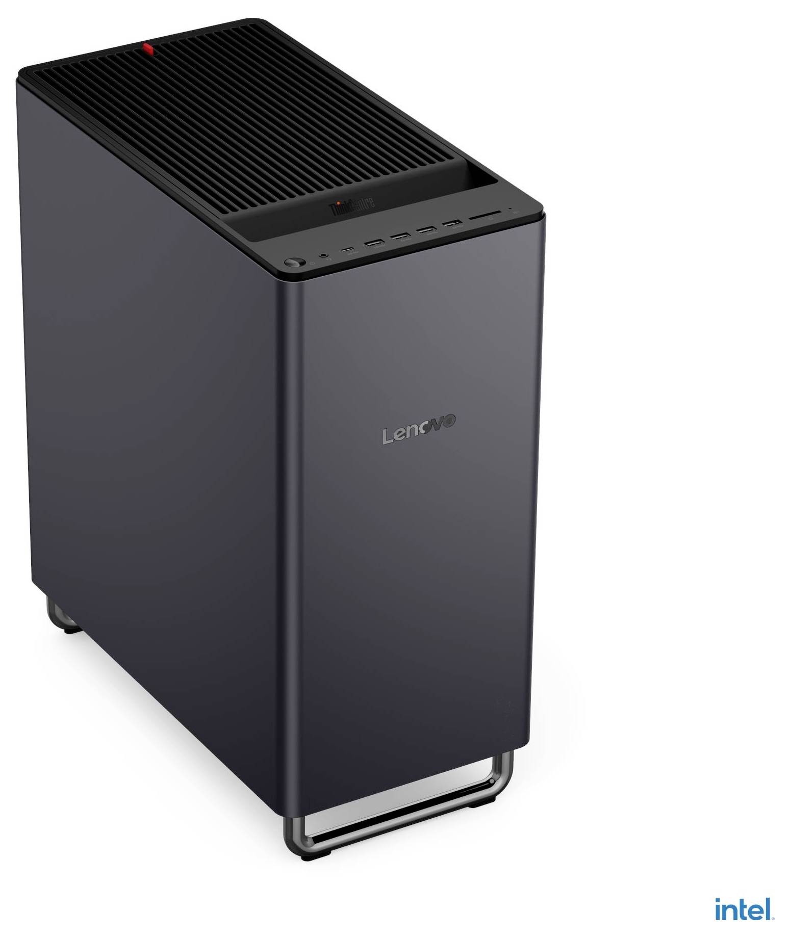 Tour d'ordinateur de bureau Lenovo de couleur noire avec le logo Intel, présentée sous un angle sur un fond blanc.